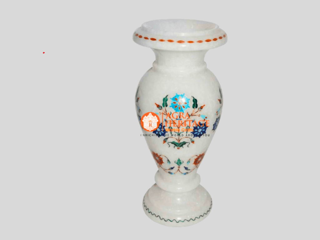 White Marble Stone Vase Multi Floral Handicraft Inlay Home Decor